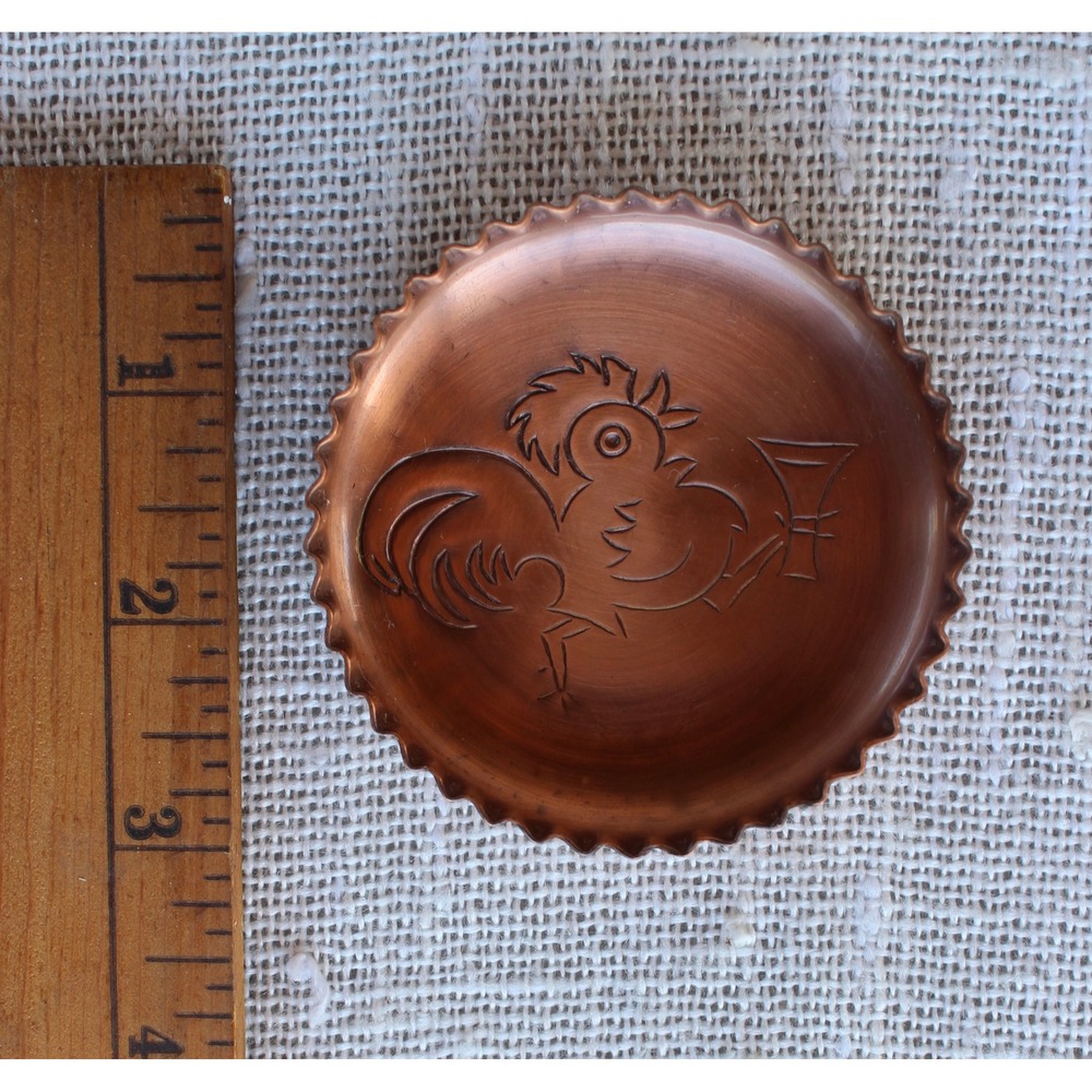 Vintage Copper Rooster Pin Dish Small Trinket Tray Coaster Crimped Edge - Picture 2 of 6